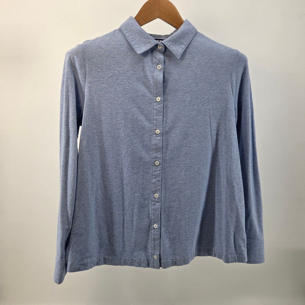Lands End Button Down Shirt Women Medium P Blue Stretch Modal Blend Preppy Cozy